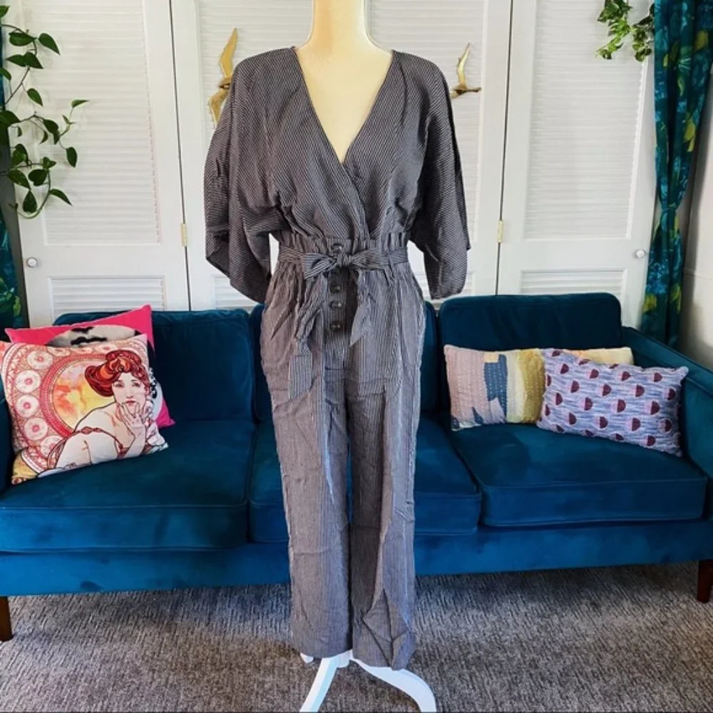 Umgee | Carmen Pinstripe Jumpsuit Paperbag Wide Sleeve Charcoal Black New Medium - Picture 3 of 15